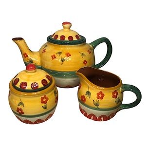 Vintage Folk Art Red Clay Southwestern Hand Painted Teapot, Creamer & Sugar Set